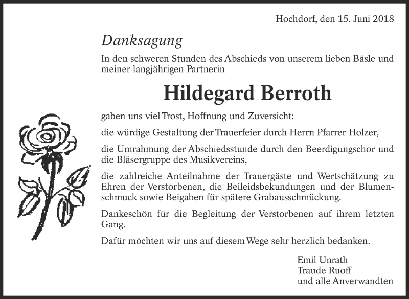  Traueranzeige für Hildegard Berroth vom 15.06.2018 aus Eßlinger Zeitung/Cannstatter Zeitung