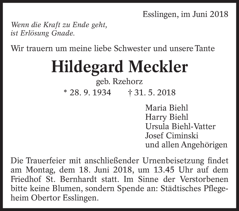  Traueranzeige für Hildegard Meckler vom 13.06.2018 aus Eßlinger Zeitung/Cannstatter Zeitung