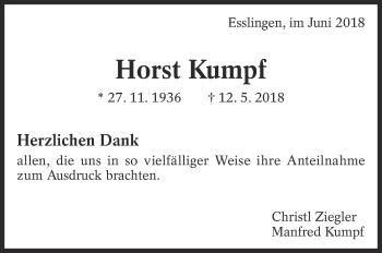 Traueranzeige von Horst Kumpf von Eßlinger Zeitung/Cannstatter Zeitung