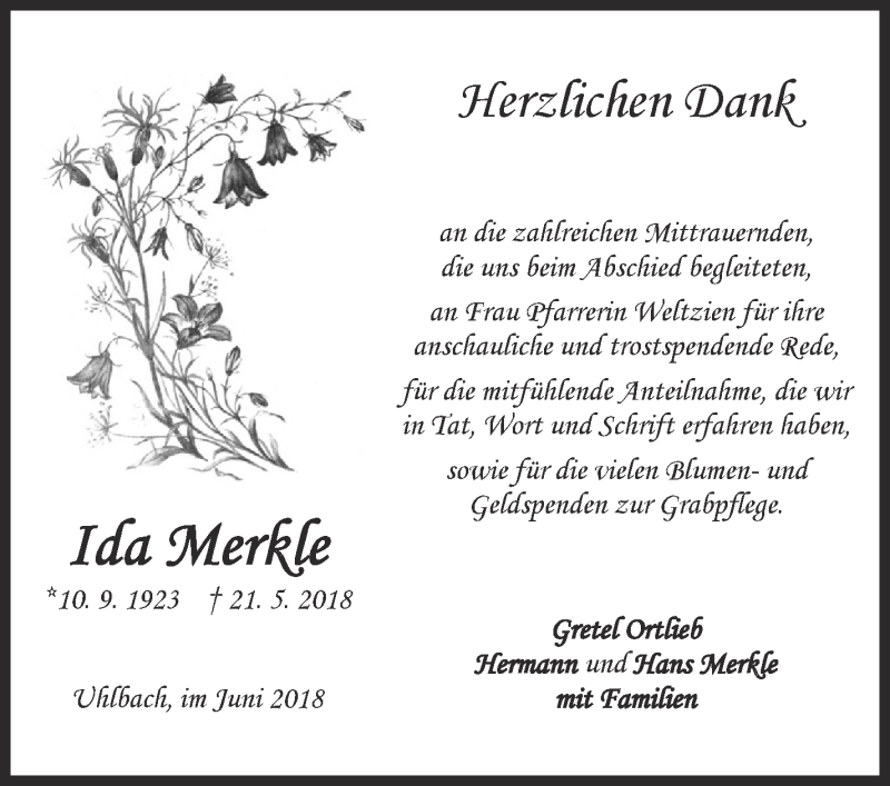  Traueranzeige für Ida Merkle vom 14.06.2018 aus Eßlinger Zeitung/Cannstatter Zeitung