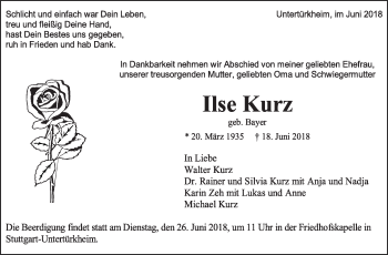 Traueranzeige von Ilse Kurz von Eßlinger Zeitung/Cannstatter Zeitung