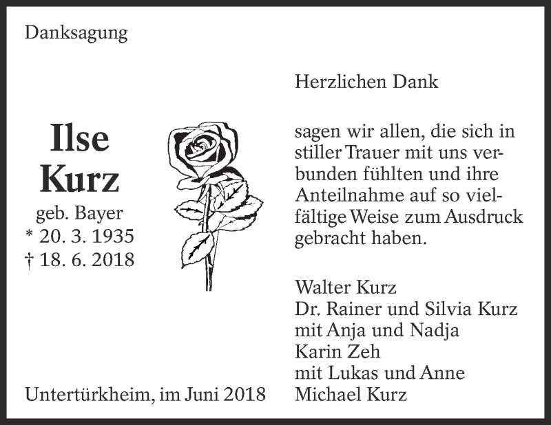  Traueranzeige für Ilse Kurz vom 30.06.2018 aus Eßlinger Zeitung/Cannstatter Zeitung