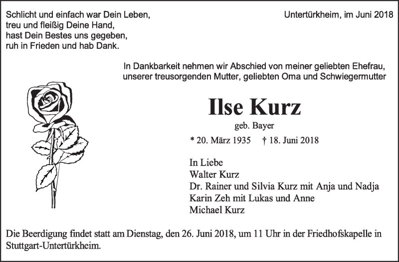  Traueranzeige für Ilse Kurz vom 23.06.2018 aus Eßlinger Zeitung/Cannstatter Zeitung