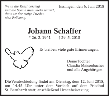 Traueranzeige von Johann Schaffer von Eßlinger Zeitung/Cannstatter Zeitung