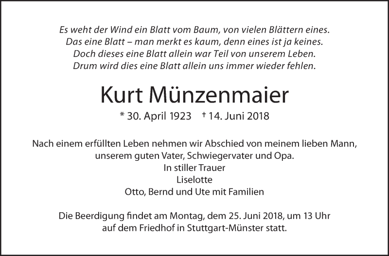  Traueranzeige für Kurt Münzenmaier vom 21.06.2018 aus Eßlinger Zeitung/Cannstatter Zeitung