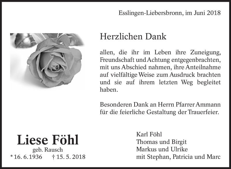  Traueranzeige für Liese Föhl vom 02.06.2018 aus Eßlinger Zeitung/Cannstatter Zeitung