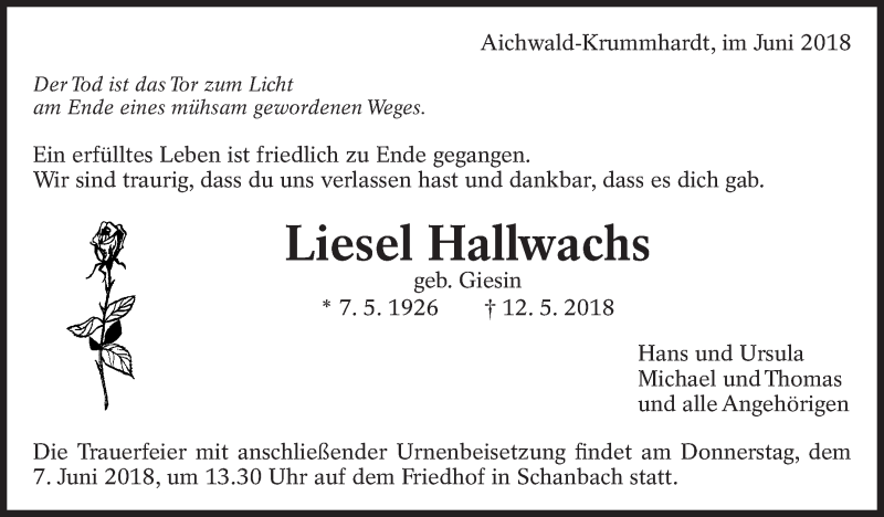  Traueranzeige für Liesel Hallwachs vom 01.06.2018 aus Eßlinger Zeitung/Cannstatter Zeitung
