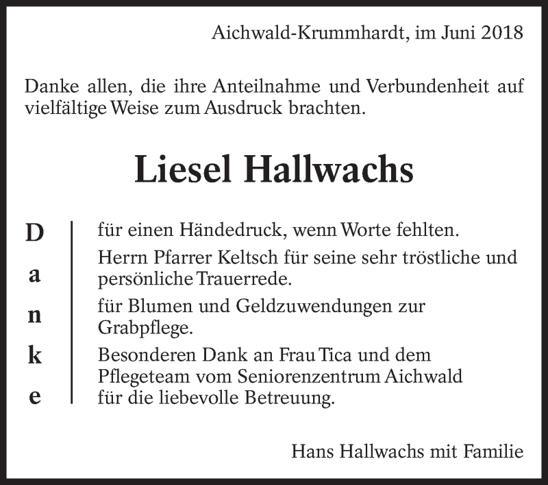  Traueranzeige für Liesel Hallwachs vom 15.06.2018 aus Eßlinger Zeitung/Cannstatter Zeitung