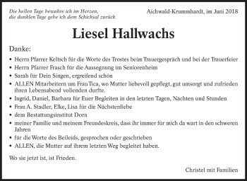 Traueranzeige von Liesel Hallwachs von Eßlinger Zeitung/Cannstatter Zeitung