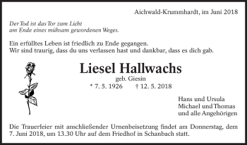 Traueranzeige von Liesel Hallwachs von Eßlinger Zeitung/Cannstatter Zeitung