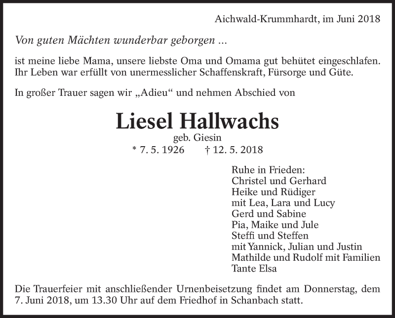  Traueranzeige für Liesel Hallwachs vom 01.06.2018 aus Eßlinger Zeitung/Cannstatter Zeitung
