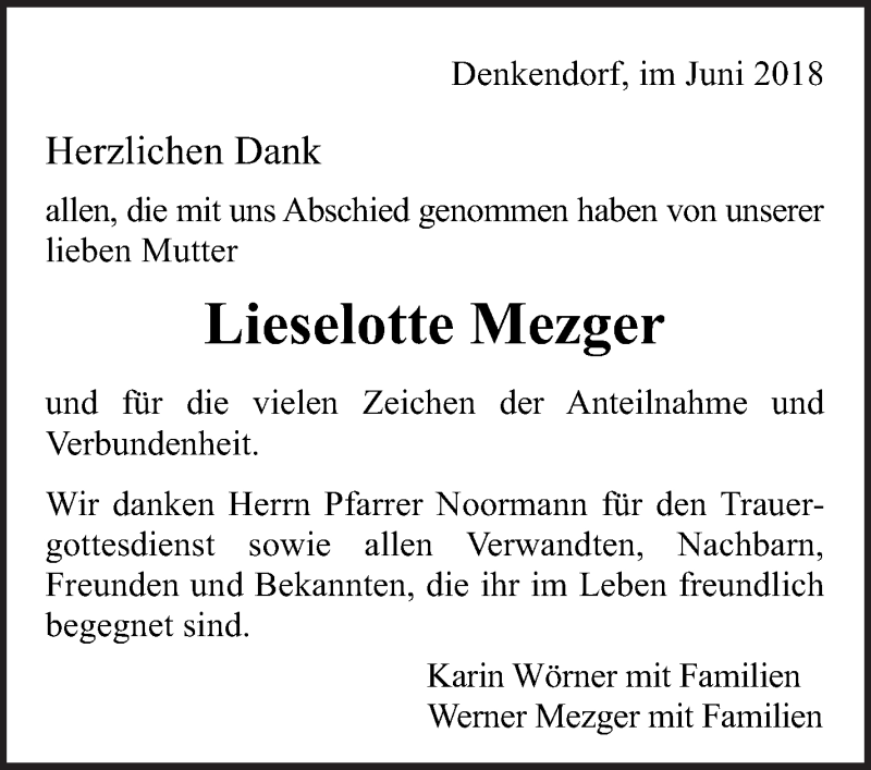  Traueranzeige für Lieselotte Mezger vom 14.06.2018 aus Eßlinger Zeitung/Cannstatter Zeitung