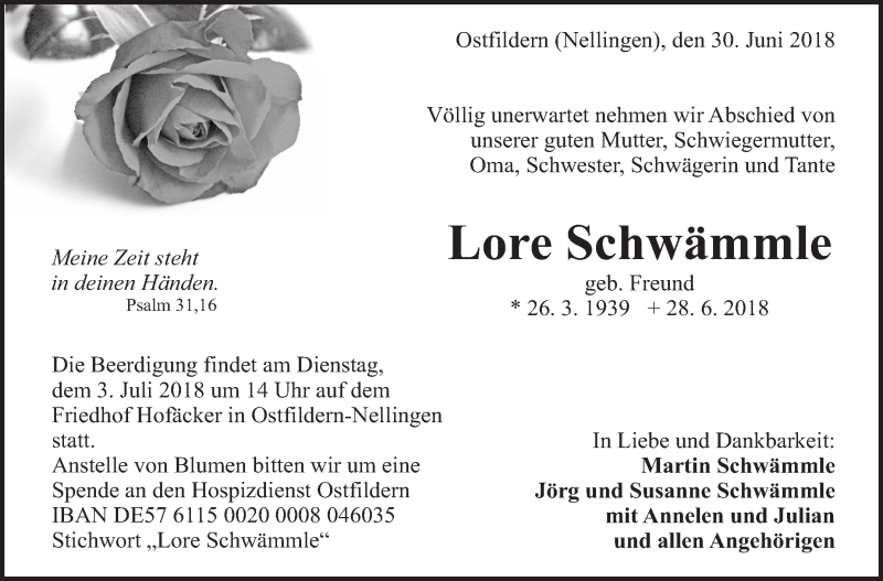  Traueranzeige für Lore Schwämmle vom 30.06.2018 aus Eßlinger Zeitung/Cannstatter Zeitung