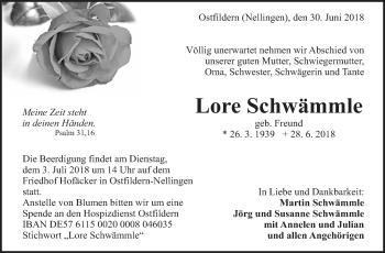 Traueranzeige von Lore Schwämmle von Eßlinger Zeitung/Cannstatter Zeitung