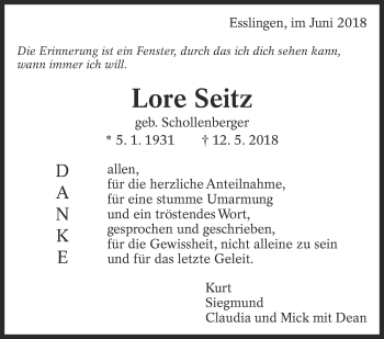 Traueranzeige von Lore Seitz von Eßlinger Zeitung/Cannstatter Zeitung