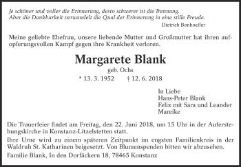 Traueranzeige von Margarete Blank von Eßlinger Zeitung/Cannstatter Zeitung