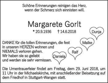 Traueranzeige von Margarete Gorlt von Eßlinger Zeitung/Cannstatter Zeitung