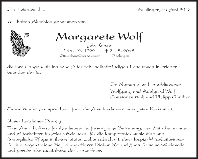  Traueranzeige für Margarete Wolf vom 02.06.2018 aus Eßlinger Zeitung/Cannstatter Zeitung