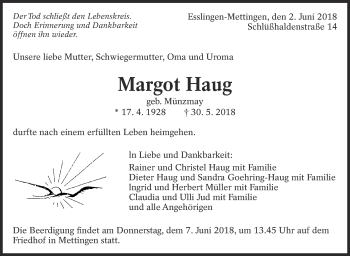 Traueranzeige von Margot Haug von Eßlinger Zeitung/Cannstatter Zeitung