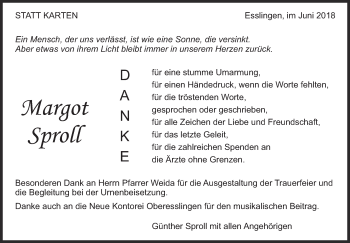Traueranzeige von Margot Sproll von Eßlinger Zeitung/Cannstatter Zeitung