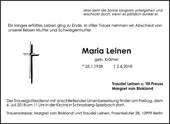 Traueranzeige von Maria Leinen von Eßlinger Zeitung/Cannstatter Zeitung