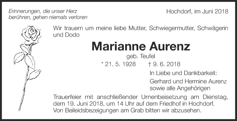  Traueranzeige für Marianne Aurenz vom 14.06.2018 aus Eßlinger Zeitung/Cannstatter Zeitung