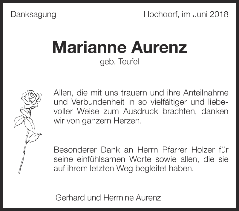  Traueranzeige für Marianne Aurenz vom 29.06.2018 aus Eßlinger Zeitung/Cannstatter Zeitung