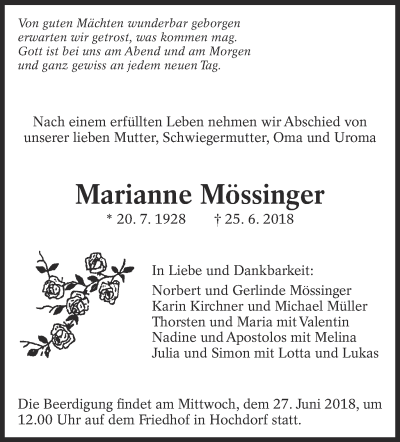  Traueranzeige für Marianne Mössinger vom 26.06.2018 aus Eßlinger Zeitung/Cannstatter Zeitung