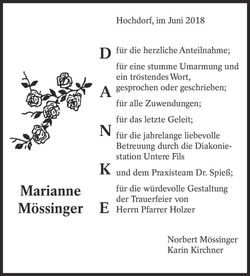  Traueranzeige für Marianne Mössinger vom 30.06.2018 aus Eßlinger Zeitung/Cannstatter Zeitung