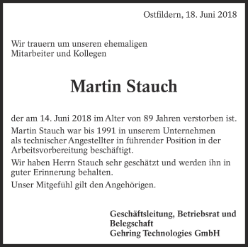 Traueranzeige von Martin Stauch von Eßlinger Zeitung/Cannstatter Zeitung