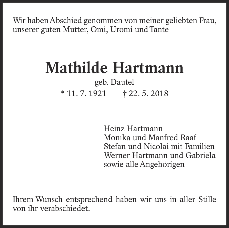  Traueranzeige für Mathilde Hartmann vom 02.06.2018 aus Eßlinger Zeitung/Cannstatter Zeitung