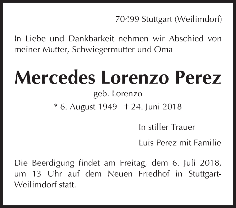 Traueranzeige für Mercedes Lorenzo Perez vom 30.06.2018 aus Eßlinger Zeitung/Cannstatter Zeitung
