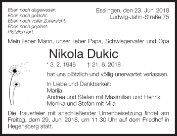Traueranzeige von Nikola Dukic von Eßlinger Zeitung/Cannstatter Zeitung
