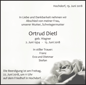 Traueranzeige von Ortrud Dietl von Eßlinger Zeitung/Cannstatter Zeitung