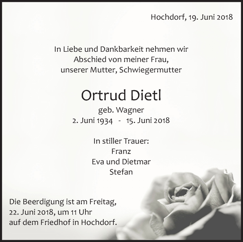  Traueranzeige für Ortrud Dietl vom 19.06.2018 aus Eßlinger Zeitung/Cannstatter Zeitung
