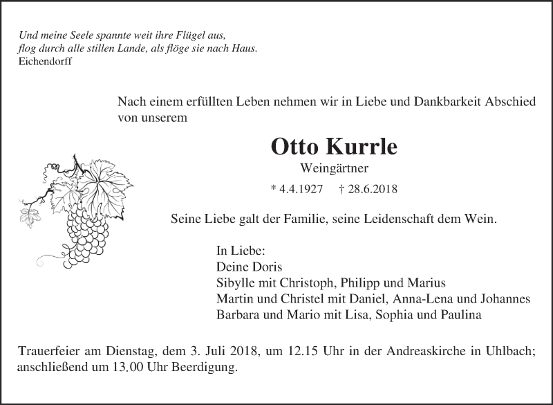  Traueranzeige für Otto Kurrle vom 30.06.2018 aus Eßlinger Zeitung/Cannstatter Zeitung