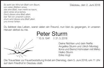 Traueranzeige von Peter Sturm von Eßlinger Zeitung/Cannstatter Zeitung