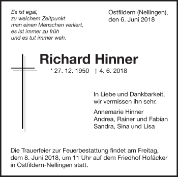 Traueranzeige von Richard Hinner von Eßlinger Zeitung/Cannstatter Zeitung
