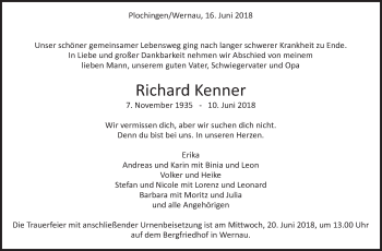 Traueranzeige von Richard Kenner von Eßlinger Zeitung/Cannstatter Zeitung