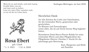 Traueranzeige von Rosa Ebert von Eßlinger Zeitung/Cannstatter Zeitung
