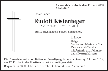 Traueranzeige von Rudolf Kistenfeger von Eßlinger Zeitung/Cannstatter Zeitung