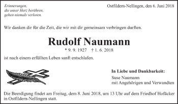 Traueranzeige von Rudolf Naumann von Eßlinger Zeitung/Cannstatter Zeitung