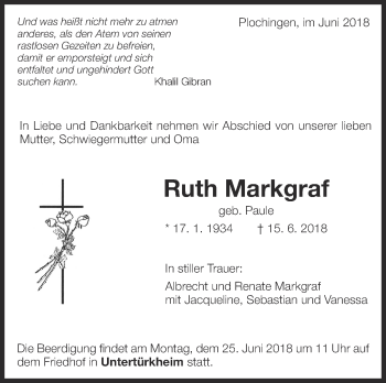 Traueranzeige von Ruth Markgraf von Eßlinger Zeitung/Cannstatter Zeitung