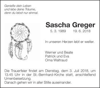 Traueranzeige von Sascha Greger von Eßlinger Zeitung/Cannstatter Zeitung