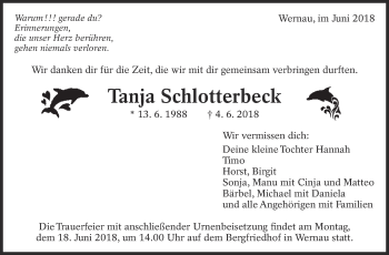 Traueranzeige von Tanja Schlotterbeck von Eßlinger Zeitung/Cannstatter Zeitung