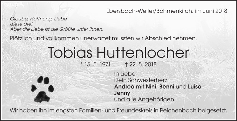  Traueranzeige für Tobias Huttenlocher vom 06.06.2018 aus Eßlinger Zeitung/Cannstatter Zeitung