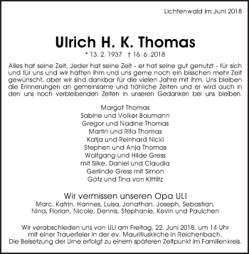 Traueranzeige von Ulrich H. K. Thomas von Eßlinger Zeitung/Cannstatter Zeitung