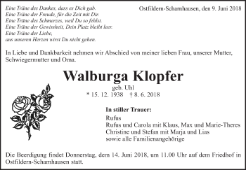 Traueranzeige von Walburga Klopfer von Eßlinger Zeitung/Cannstatter Zeitung