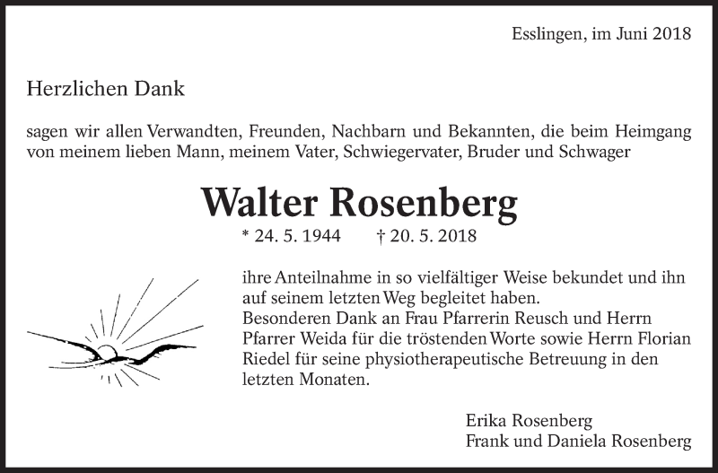  Traueranzeige für Walter Rosenberg vom 16.06.2018 aus Eßlinger Zeitung/Cannstatter Zeitung