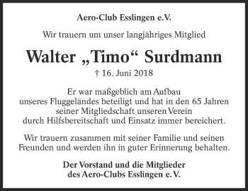 Traueranzeige von Walter Surdmann von Eßlinger Zeitung/Cannstatter Zeitung